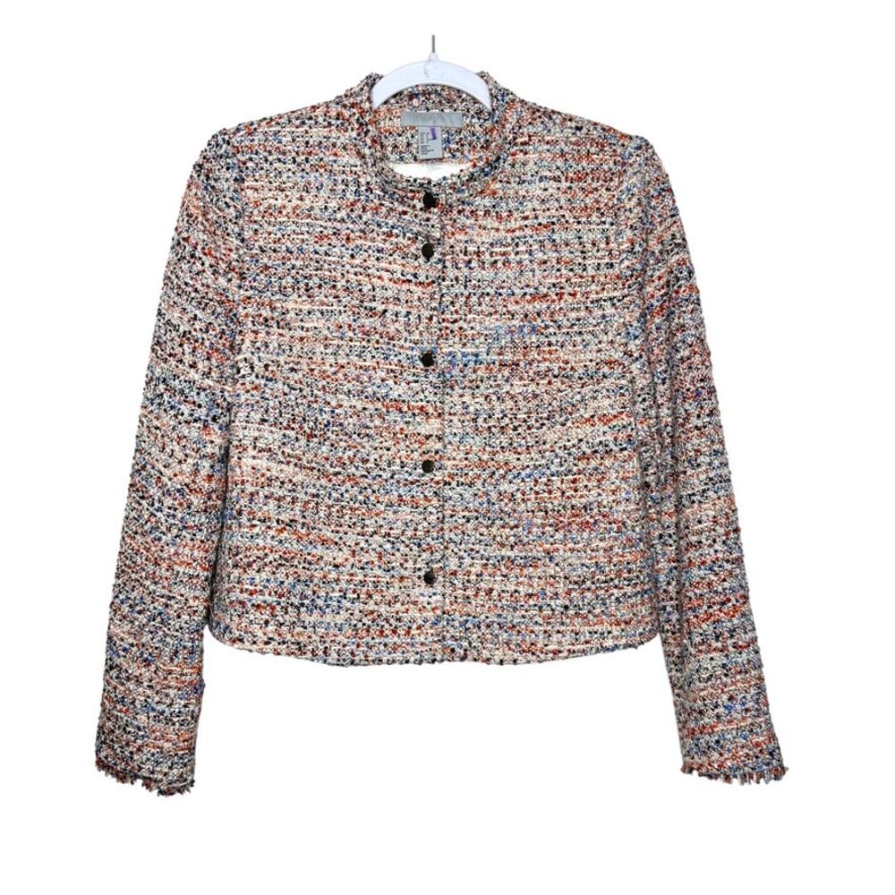 H & M Textured Jacket Women 8 Orange Multi Short Straight Cut Collared Boho
